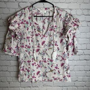 Charter Club Womens Linen Top White Pink Floral Beachy Casual Spring Summer XXL